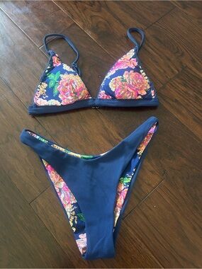 Navy Floral Triangle Bikini Set - Women